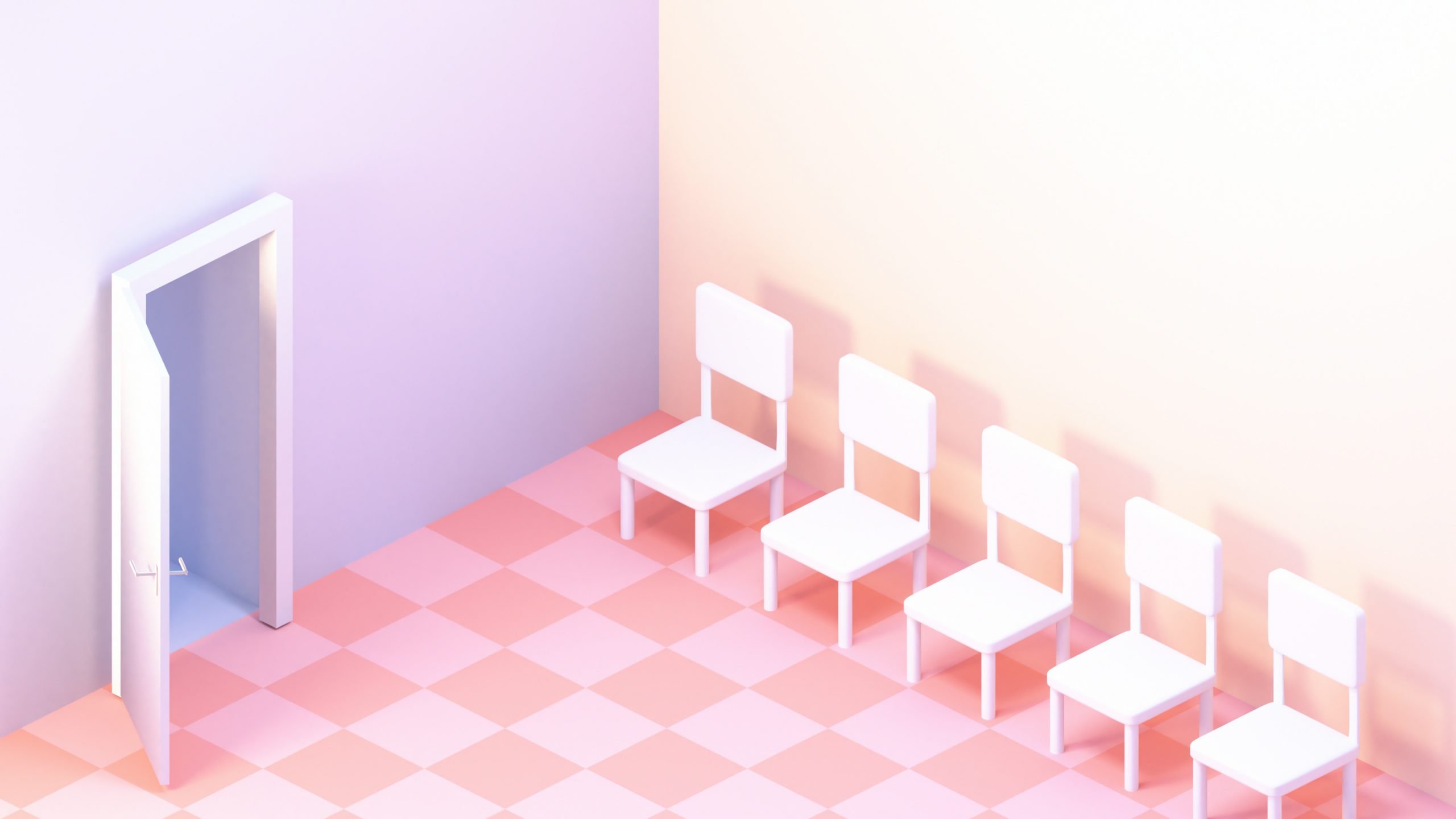 Isometric waiting room with empty chairs. 3d rendering picture. Access to Axis banner 1 scaled